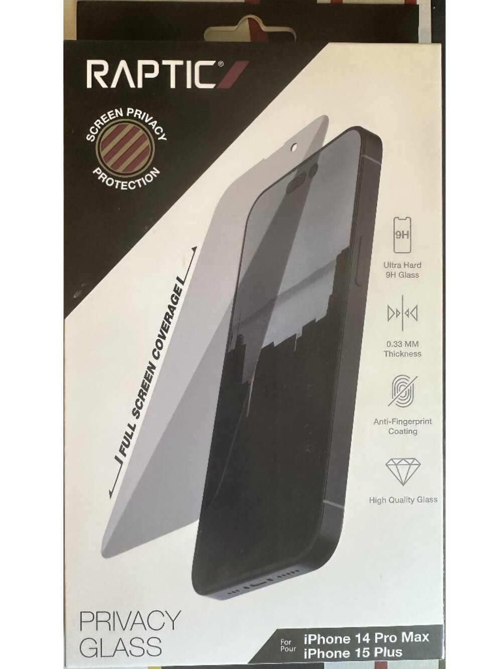 Raptic Privacy Glass Screen Protector for iPhone 14 Pro Max/iPhone 15 Plus NEW